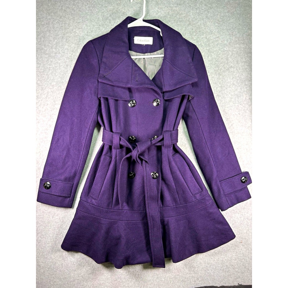 Calvin Klein PS Trench Coat Womens Purple wool blend Double Breasted Pockets